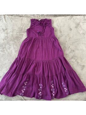 Calme Johnny Was Purple Sleeveless Cotton Gauze Maxi Dress SMALL Embroidered